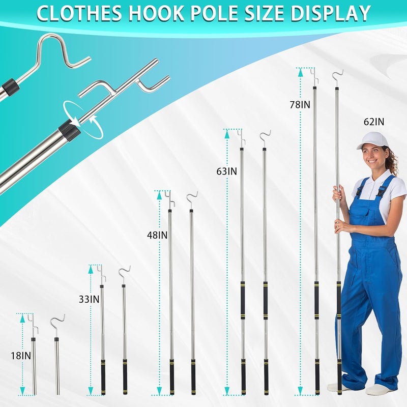 Frebuta Clothes Hook Pole for Closet,32 to 80In Truck Cargo Recovery Bar Long Handle with 2 Hooks Hanging Birdfeeder and Wind Chime Stainless Steel Tube for Home Outdoor Decorate (Black Yellow) - Image 2